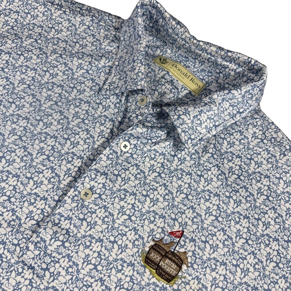 Donald Ross Golf Polo Shirt Blue White Print Sz XL Rum Pointe Seaside CC MD